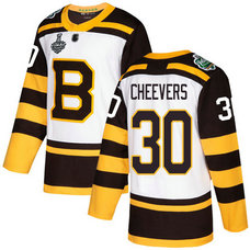 Men's Boston Bruins #30 Gerry Cheevers 2019 Stanley Cup Final White Authentic 2019 Winter Classic Bound Stitched Hockey Jersey