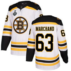 Men's Boston Bruins #63 Brad Marchand 2019 Stanley Cup Final White Road Authentic Bound Stitched Hockey Jersey