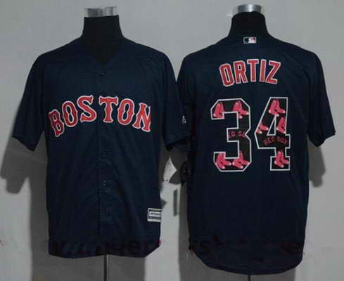 Men's Boston Red Sox #34 David Ortiz Navy Blue Team Logo Ornamented MLB Majestic Cool Base Stitched Jersey