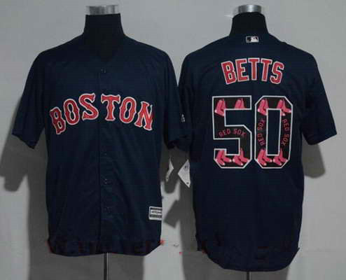 Men's Boston Red Sox #50 Mookie Betts Navy Blue Team Logo Ornamented MLB Majestic Cool Base Stitched Jersey