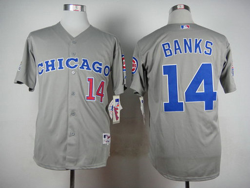 Men's Chicago Cubs #14 Ernie Banks 1990 Turn Back The Clock Gray Jersey w-1990 All-Star Patch