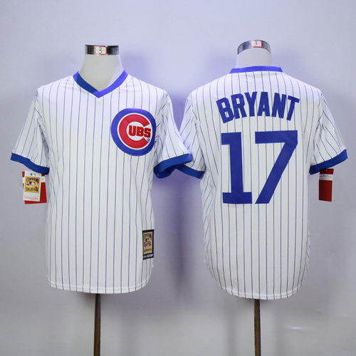 Men's Chicago Cubs #17 Kris Bryant White Pinstripe Throwback Jersey