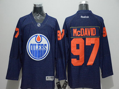 Men's Edmonton Oilers #97 Connor McDavid Navy Blue Denim Fabric Fashion Jersey