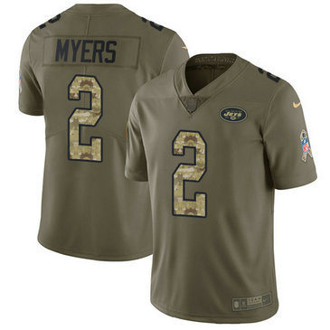 Men's Nike Jets #2 Jason Myers Olive Camo Stitched NFL Limited 2017 Salute To Service Jersey
