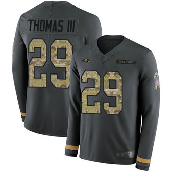 Men's Ravens #29 Earl Thomas III Anthracite Salute To Service Stitched Football Limited Therma Long Sleeve Jersey