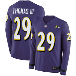 Men's Ravens #29 Earl Thomas III Purple Team Color Stitched Football Limited Therma Long Sleeve Jersey