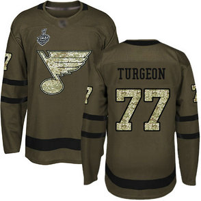 Men's St. Louis Blues #77 Pierre Turgeon 2019 Stanley Cup Final Green Salute To Service Bound Stitched Hockey Jersey