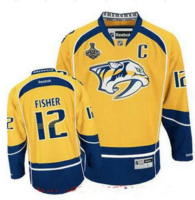 Men's Stitched NHL Nashville Predators #12 Mike Fisher Yellow 2017 Stanley Cup Finals C Patch Reebok Hockey Jersey