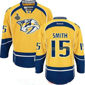 Men's Stitched NHL Nashville Predators #15 Craig Smith Yellow 2017 Stanley Cup Finals Patch Reebok Hockey Jersey