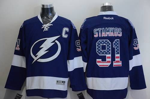Men's Tampa Bay Lightning #91 Steven Stamkos USA Flag Fashion Blue Jersey