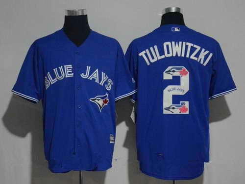 Men's Toronto Blue Jays #2 Troy Tulowitzki Royal Blue Team Logo Ornamented MLB Majestic Cool Base Stitched Jersey