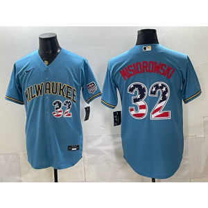 Milwaukee Brewers 32 Jacob Misiorowski Blue USA 250 Fourth of July Cool Base Men Jersey Milwaukee Brewers 32 Jacob Misiorowski Blue USA 250 Fourth of July Cool Base Men Jersey