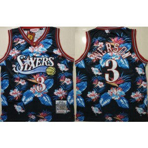 NBA 76ers 3 Allen Iverson Black 1997-98 Hardwood Classics Floral Fashion Men Jersey