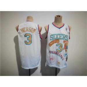 NBA 76ers 3 Allen Iverson White Throwback Men Jersey