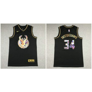 NBA Bucks 34 Giannis Antetokounmpo Black Gold Diamond Men Jersey