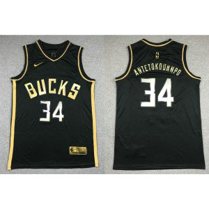 NBA Bucks 34 Giannis Antetokounmpo Black Gold Men Jersey