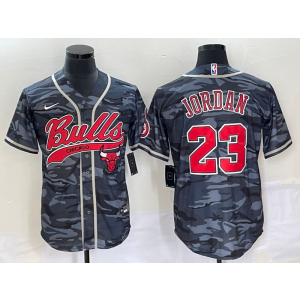 NBA Bulls 23 Michael Jordan Black Camo Baseball Nike Men Jersey