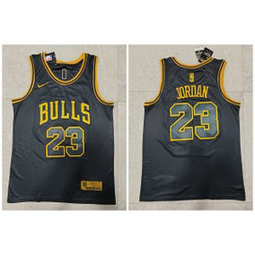 NBA Bulls 23 Michael Jordan Black Gold Nike Men Jersey