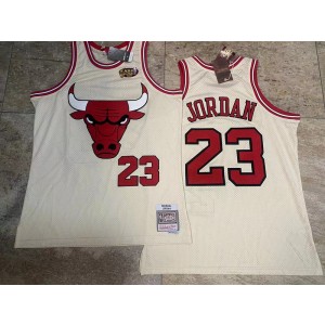 NBA Bulls 23 Michael Jordan Mitchell & Ness Cream Hardwood Classics Men Jersey