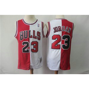 NBA Bulls 23 Michael Jordan Red&White Split Hardwood Classics Men Jersey