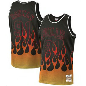 NBA Bulls 91 Dennis Rodman Black 1997-98 Hardwood Classics Flames Men Jersey