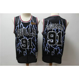 NBA Bulls 91 Dennis Rodman Black Hardwood Classics Lightning Limited Edition Men Jersey