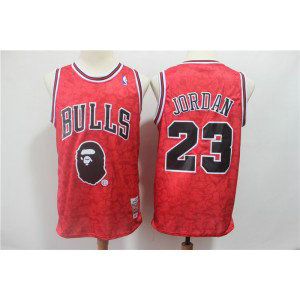 NBA Bulls Bape 23 Michael Jordan Red Hardwood Classics Men Jersey
