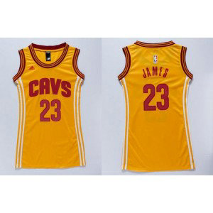 NBA Cavaliers 23 LeBron James Gold Print Dress Women Jersey