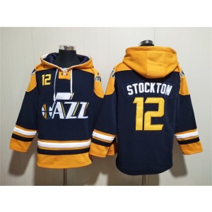 NBA Jazz 12 John Stockton Navy Yellow Lace Up Pullover Hoodie