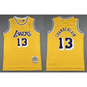 NBA Lakers 13 Wilt Chamberlain Yellow Gold Pacth Men Jersey