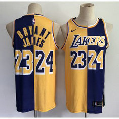 NBA Lakers 23 LeBron James 24 Kobe Brant Purple Gold Split Special Men Jersey