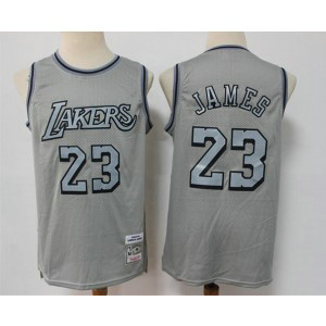 NBA Lakers 23 LeBron James Gray Throwback Men Jersey