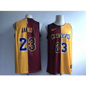NBA Lakers 23 LeBron James Red Yellow Split Nike Men Jersey