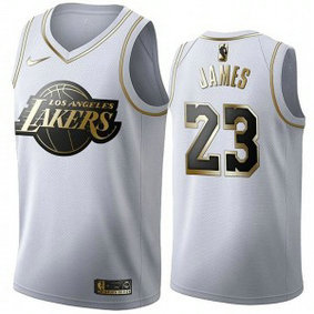 NBA Lakers 23 LeBron James White Gold Nike Men Jersey