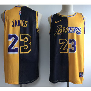 NBA Lakers 23 LeBron James Yellow Black Split Nike Men Jersey