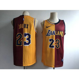 NBA Lakers 23 LeBron James Yellow Red Split Nike Men Jersey