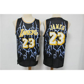 NBA Lakers 23 Lebron James Black Hardwood Classics Lightning Edition Men Jersey