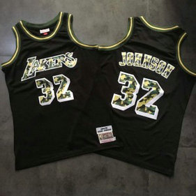 NBA Lakers 32 Magic Johnson Black Camo 1984-85 Hardwood Classics Men Jersey
