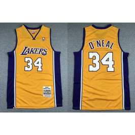 NBA Lakers 34 Shaquille O'Neal Yellow Throwback V Neck Men Jersey