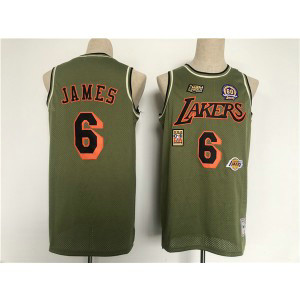 NBA Lakers 6 LeBron James Green Military Flight Patchs Basketball Men Jersey