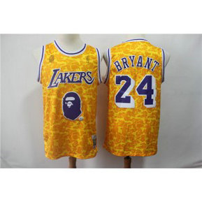 NBA Lakers Bape 24 Kobe Bryant Yellow Hardwood Classics Men Jersey
