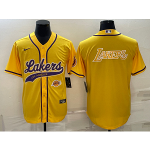 NBA Lakers Blank Yellow Baseball Logo Men Jersey 2