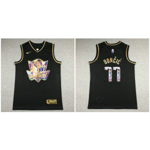 NBA Mavericks 77 Luka Doncic Black Gold Diamond Men Jersey