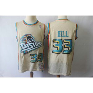 NBA Pistons 33 Grant Hill Cream Hardwood Classics Men Jersey