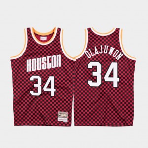 NBA Rockets 34 Hakeem Olajuwon Red Checkerboard Hardwood Classics Men Jersey