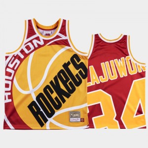 NBA Rockets 34 Hakeem Olajuwon Red Yellow Mitchell&Ness Big Face Men Jersey