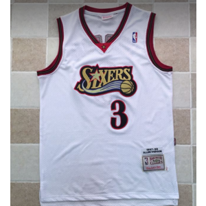 NBA Sixers 3 Iverson White with Gold Letter Men Jersey
