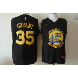NBA Warriors 35 Kevin Durant Black Gold Lettering Nike Men Jersey