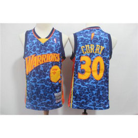 NBA Warriors Bape 30 Stephen Curry Blue Hardwood Classics Men Jersey