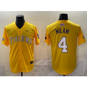 NCAA LSU Tigers 4 Milam Yellow Baseball Vapor Limited Men Jersey
